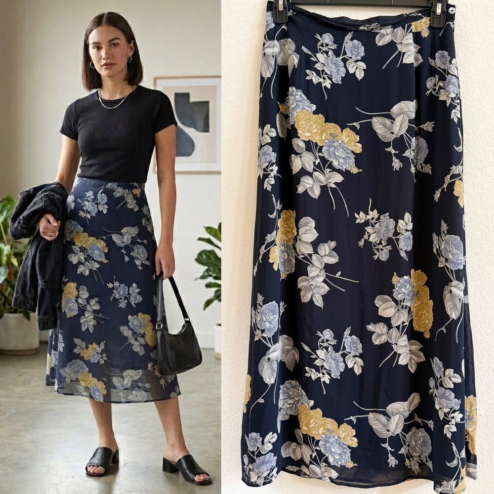 Laura Ashley Vintage 90s Dark Floral Midi Skirt Sz 10 Whimsigoth‎ Cottagecore